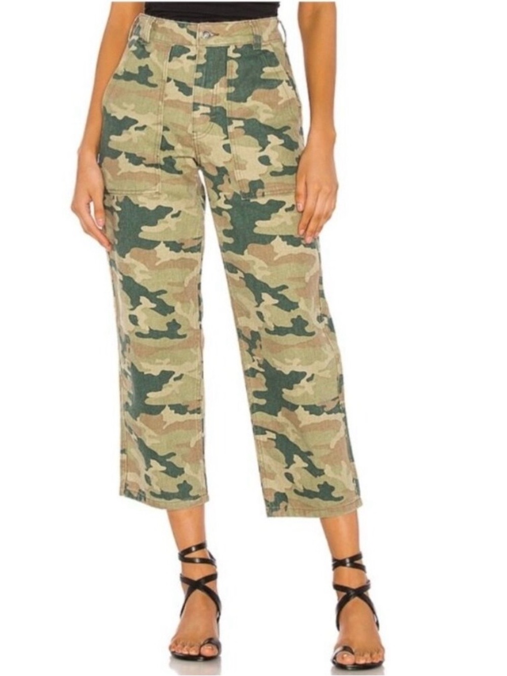 Free People Remy Pants Size 24 Moss Green Camo High Rise Cropped Gorpcore Indie
